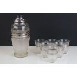 Mid century Glass Cocktail Set comprising Cocktail Shaker and Six Glasses, with silvered and frosted