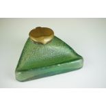 In the manner of Loetz, Art Nouveau Iridescent Glass Inkwell of triangular form with pen stand (