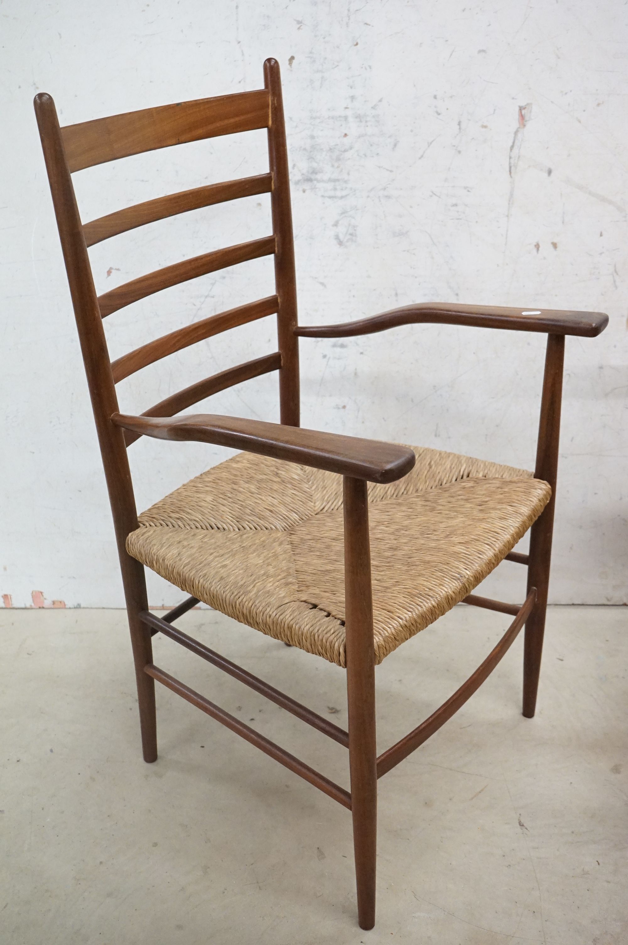 In the manner of Scadart, Pair of Mid century Retro Teak Ladder Back Elbow Chairs with rush seats, - Image 2 of 11