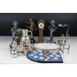 Mixed Lot of Metalware including Pair of Figural Candlesticks, Silver Plate together with a Mantle