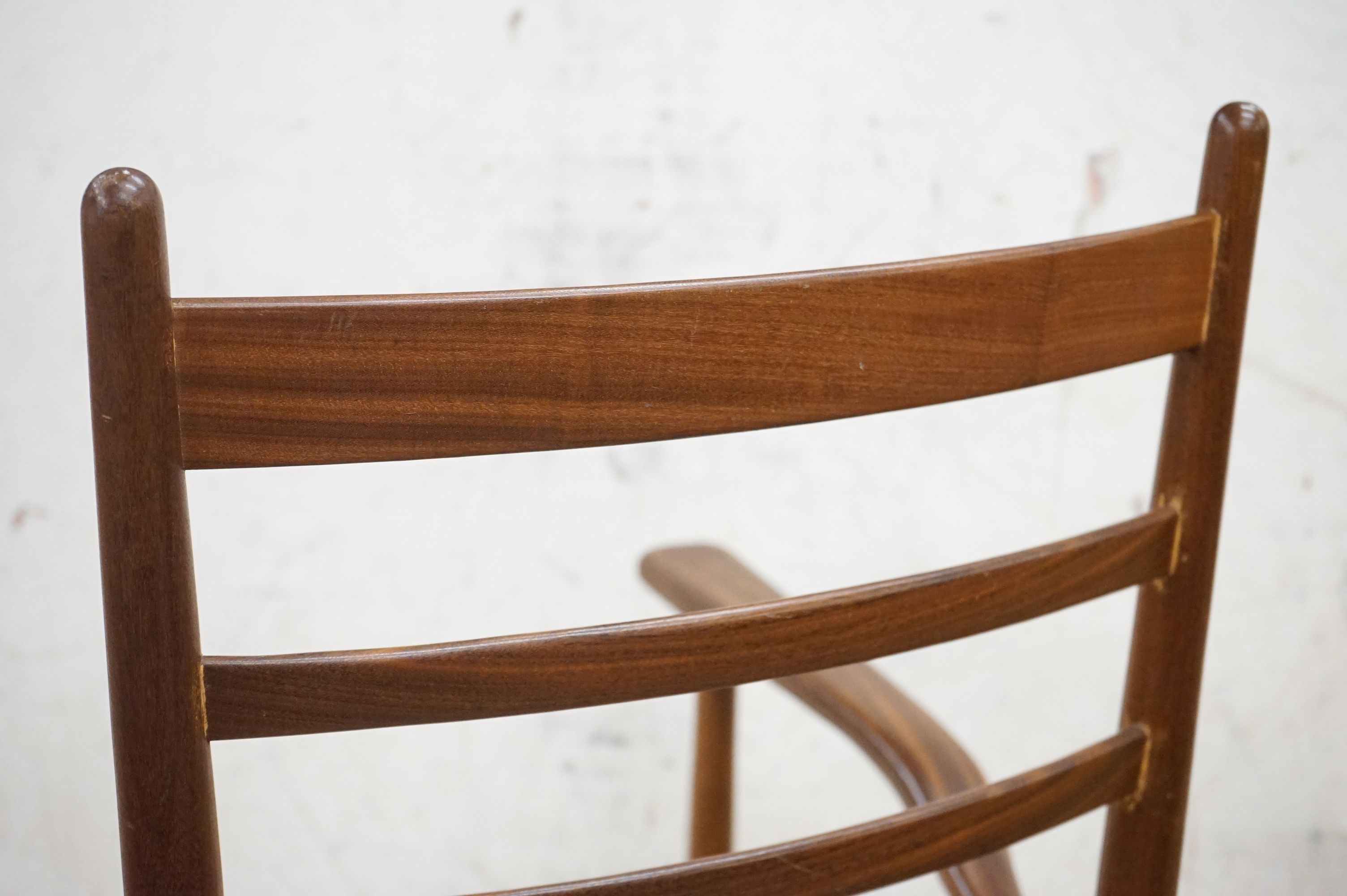 In the manner of Scadart, Pair of Mid century Retro Teak Ladder Back Elbow Chairs with rush seats, - Image 6 of 11