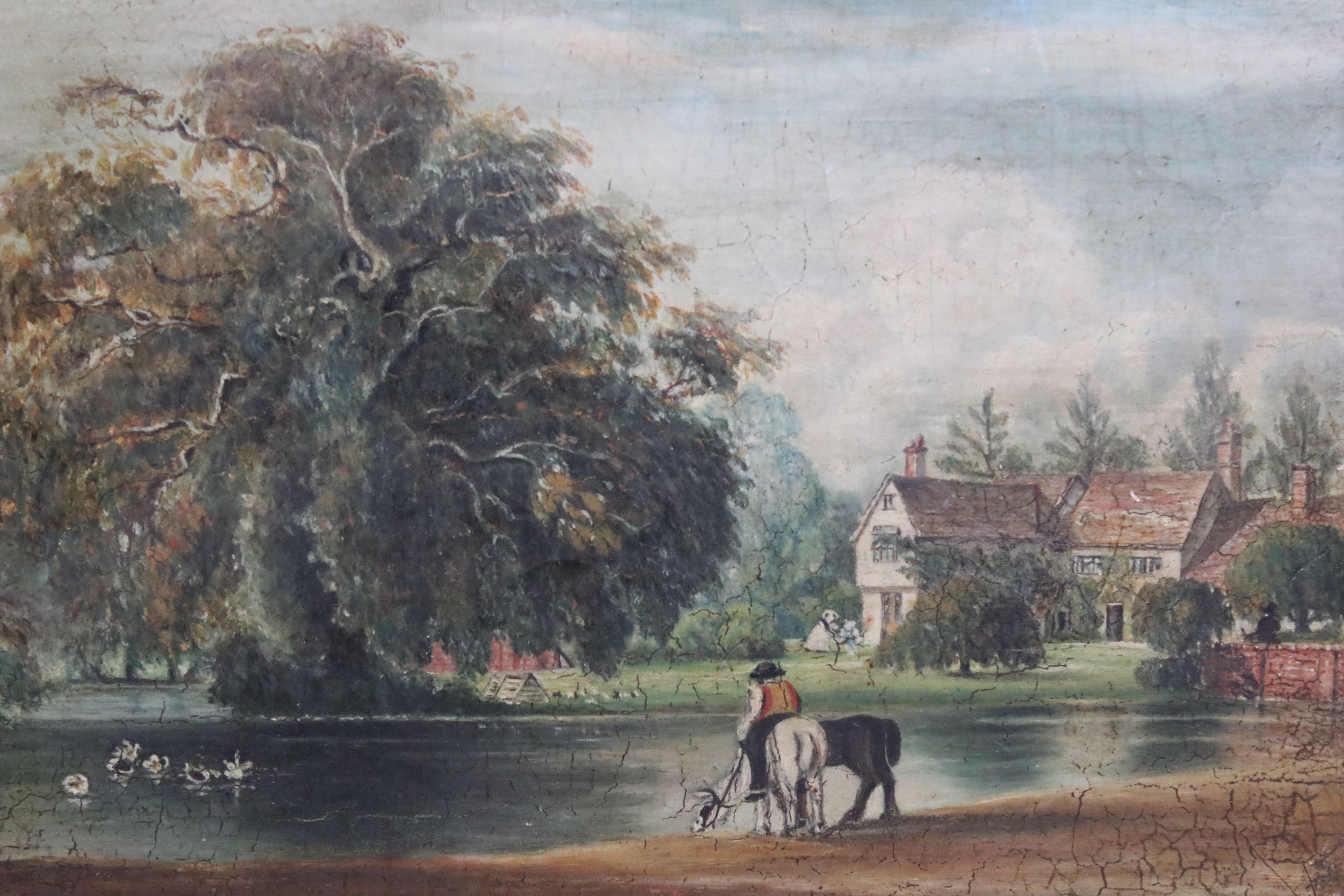 19th century Oil on Board of a Figure with Horses by a Pond, text to verso by J Wilkinson 1855, 19cm - Image 3 of 11
