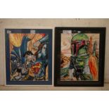 Two Original Pen and Ink Drawings of Batman v Superman plus Bobba Fett, Starwars, 50cm x 39cm,