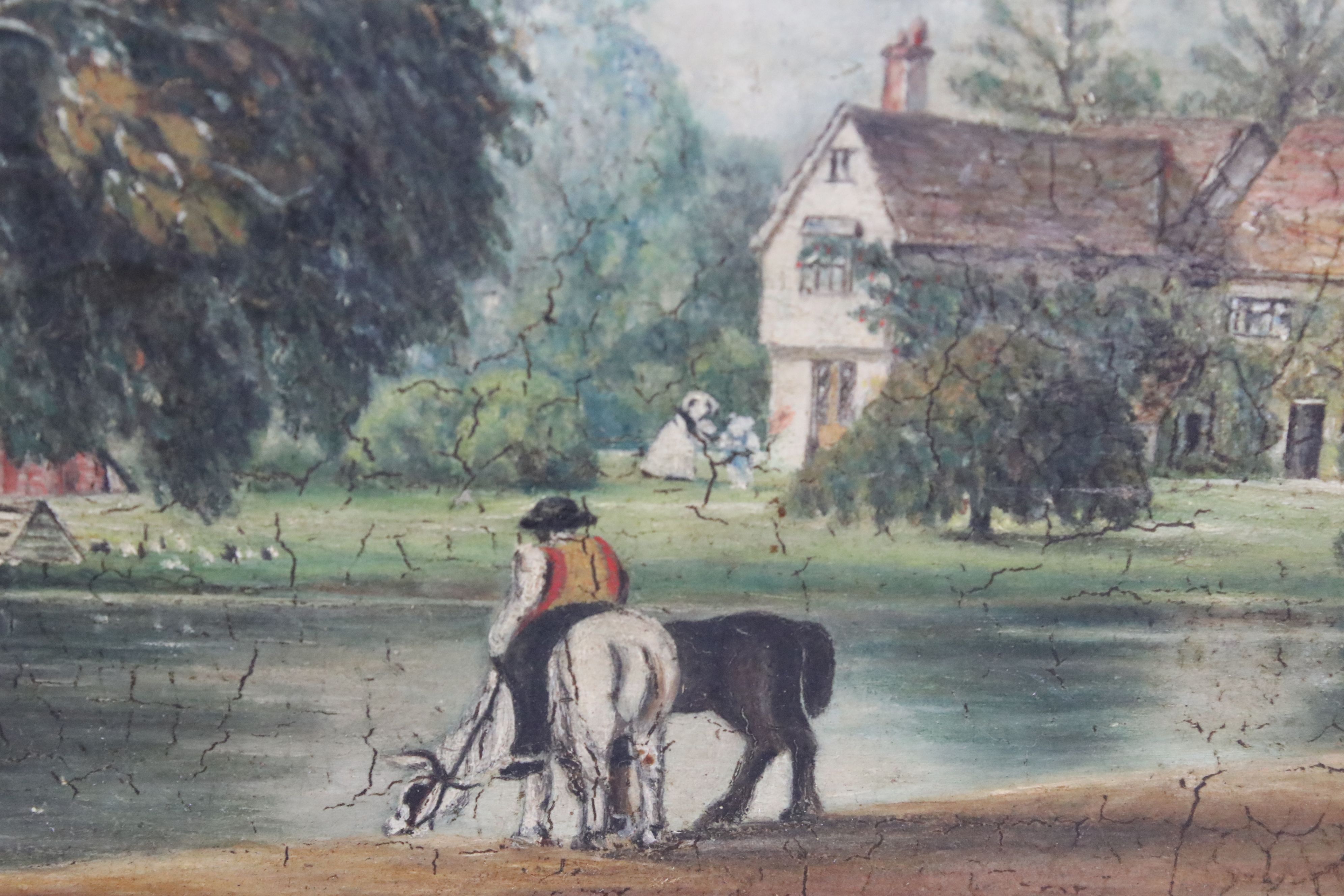 19th century Oil on Board of a Figure with Horses by a Pond, text to verso by J Wilkinson 1855, 19cm - Image 4 of 11