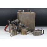 World War II Military Fuel Can marked WD 1939 together with an Oil Can and Three Blow Torches