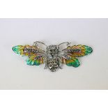 Pair of Silver and Plique a Jour Bug Brooch set with Marcasite and Ruby Eyes