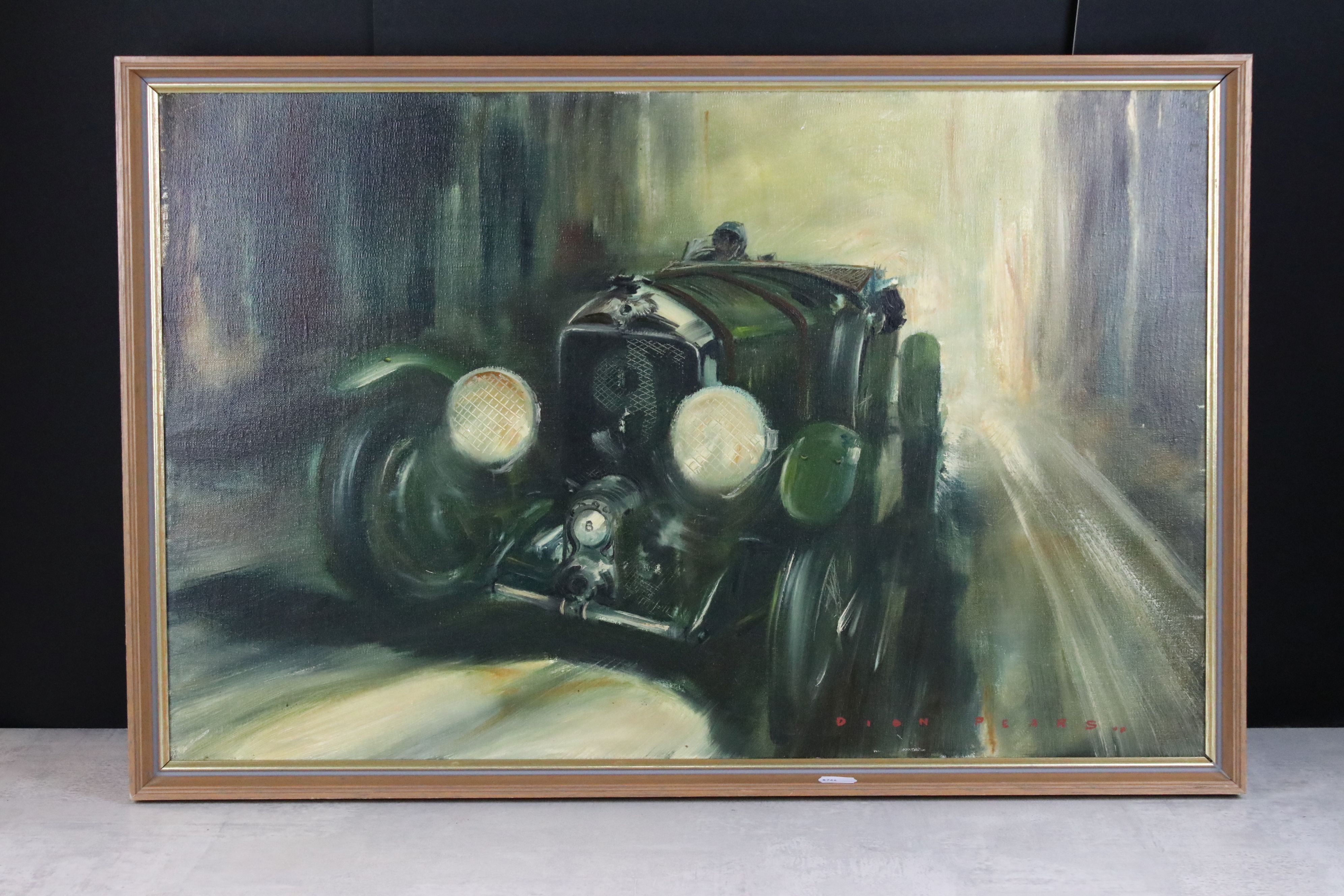 Dion Pears (1929 - 1985) Oil Painting on Canvas of a Vintage Racing Bentley Car, signed lower right,