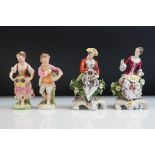 Four Continental Porcelain Figures, two with the Chelsea gold anchor mark, tallest 13cm high