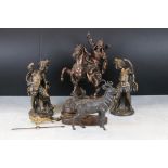 A collection of ornamental figures to include a knight on horseback and a stag.