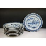 Four 18th / 19th century Chinese Blue and White Shallow Dishes, 23cm diameter together with Seven
