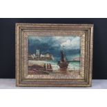 19th century Gilt Framed Oil on Board Coastal Scene with Fisher Folk and Boat indistinctly signed