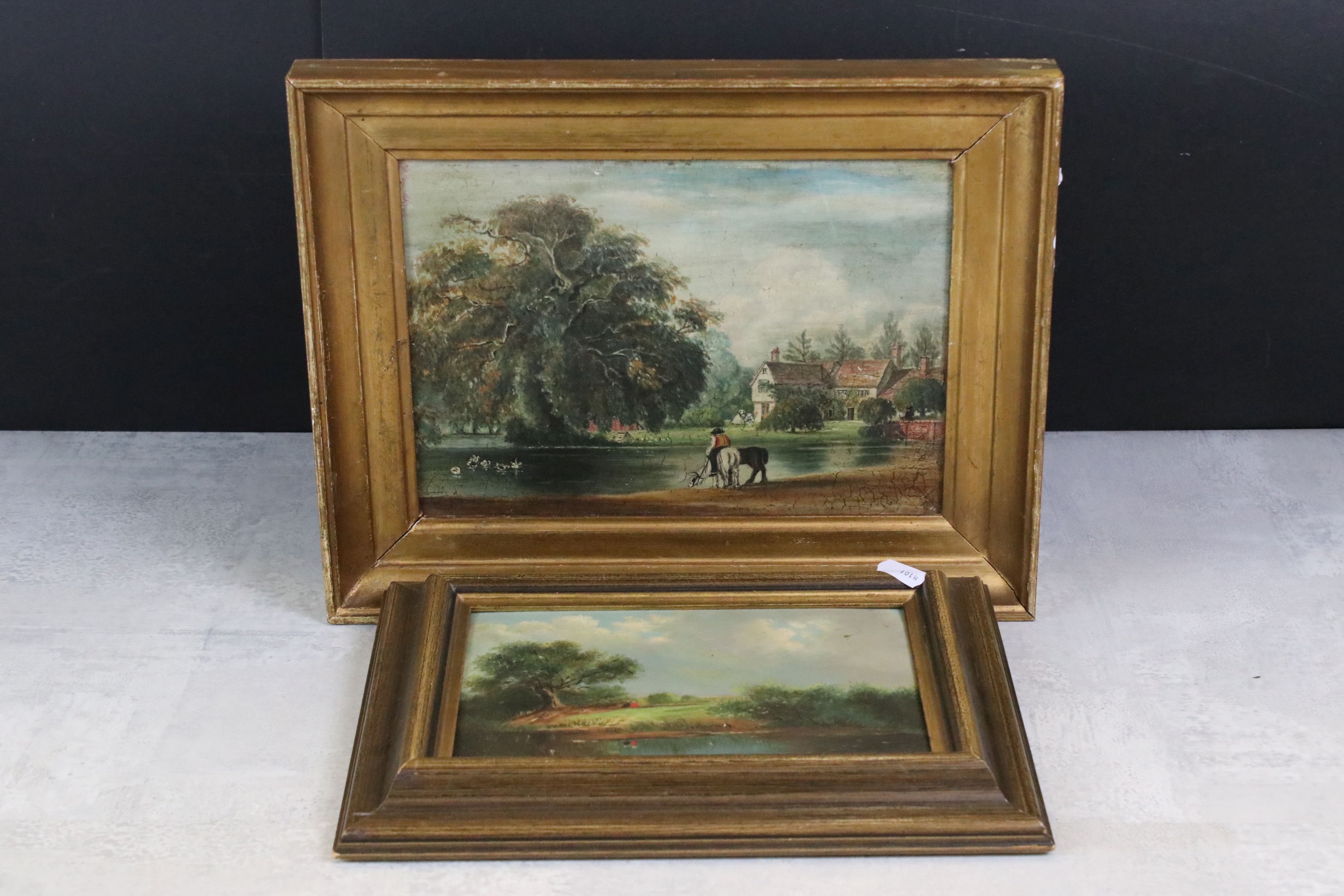 19th century Oil on Board of a Figure with Horses by a Pond, text to verso by J Wilkinson 1855, 19cm