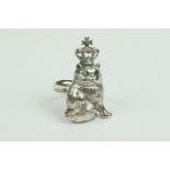 Silver Ring depicting a Cat wearing a Crown set with Ruby and Emeralds