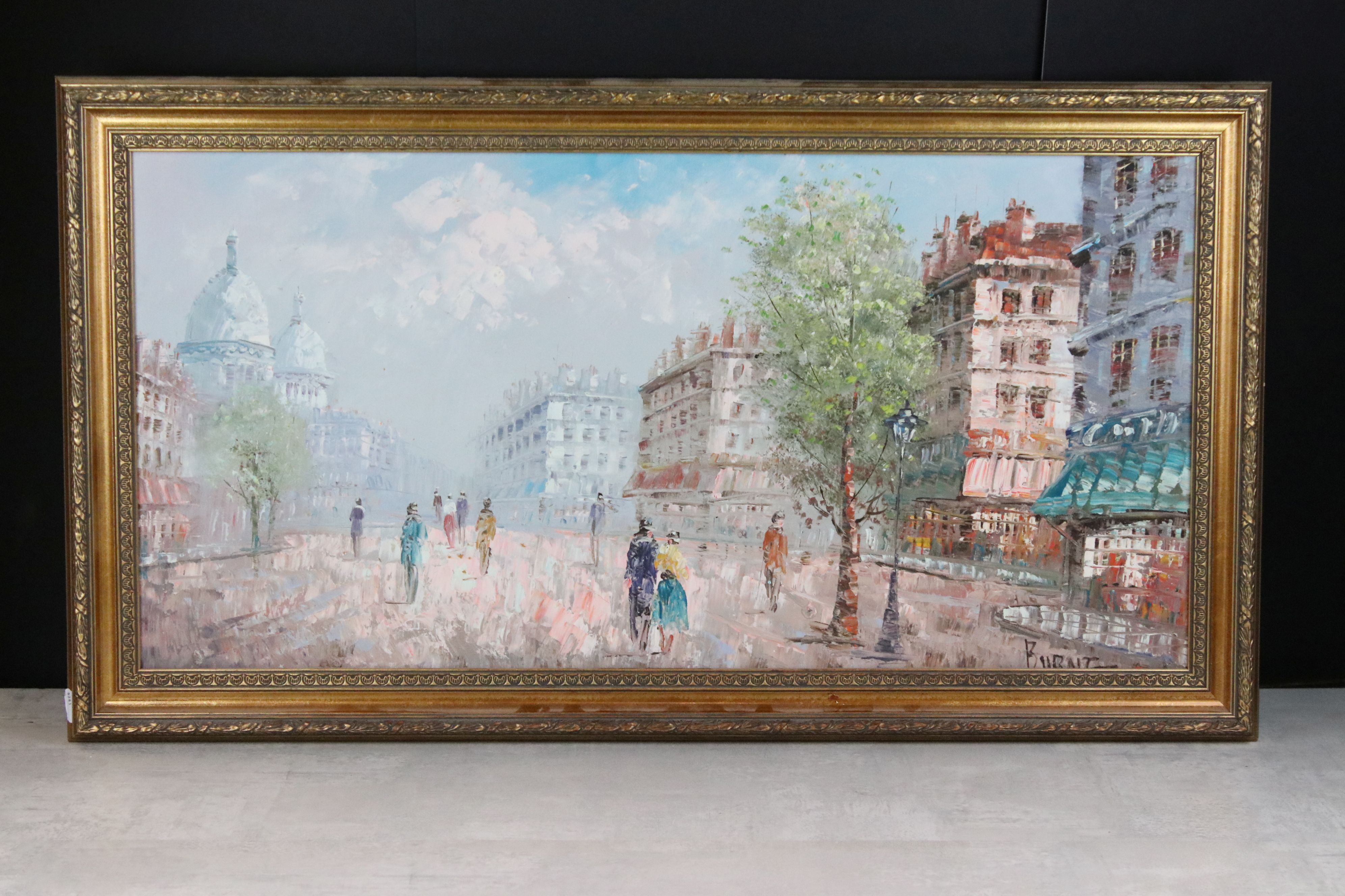 Burnett (19th century) Oil Painting on Board of a Parisian Street Scene, signed, 39cm x 80cm, framed