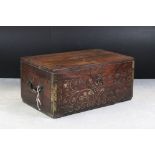 19th century Colonial Teak and Brass Inlaid Campaign style Stationery Box, the hinged lid opening to