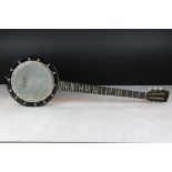 Zither ' The Apollo ' 5 string Banjo by W Temlett with mother of pearl inlaid fingerboard, 88cm long