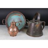 A small collection of copper ware to include a preserve pan, a large jug and a tea caddy.