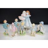 Six Royal Worcester Figures modelled after Freda Doughty including 2 x Hometime, Peace, Teatime,