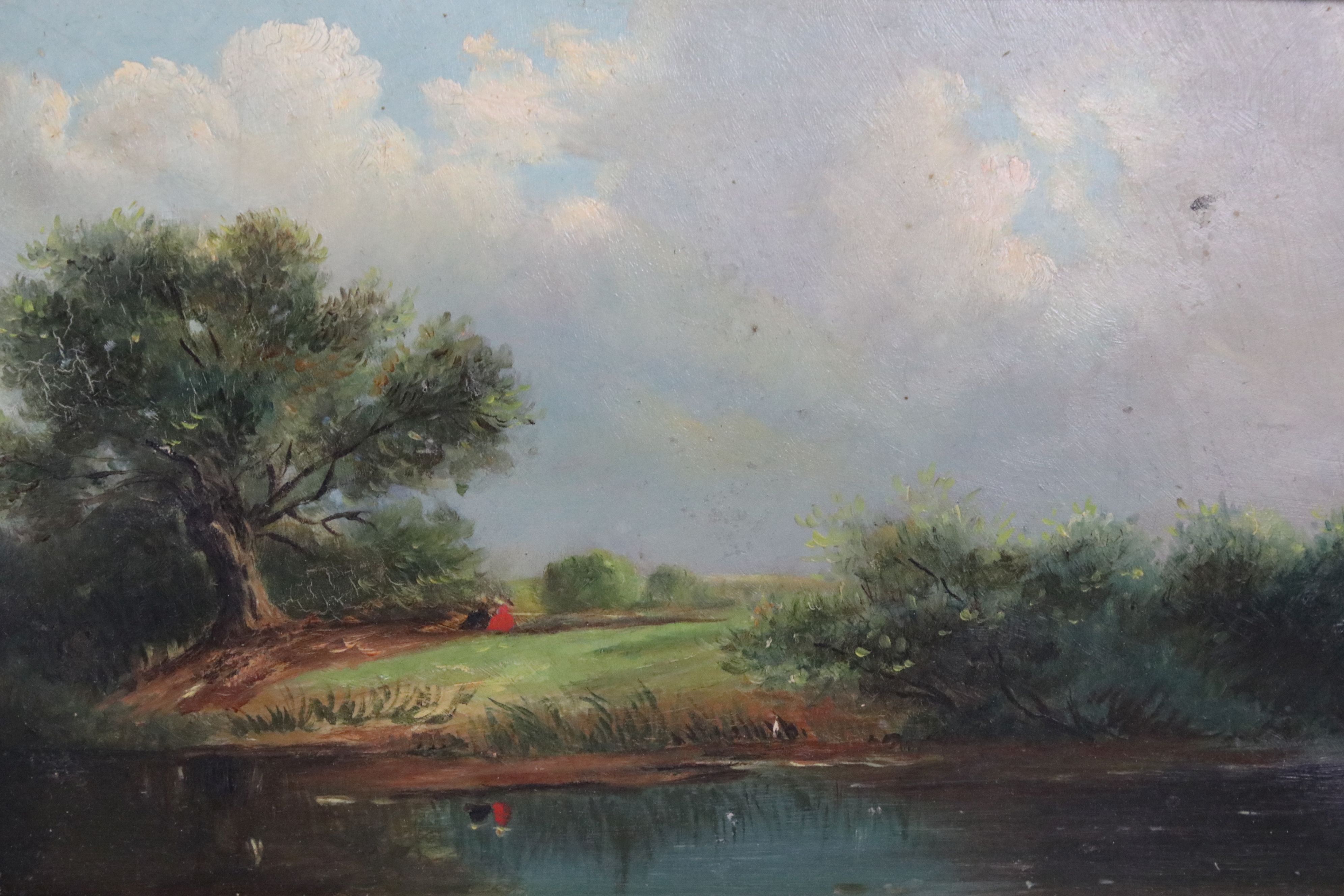 19th century Oil on Board of a Figure with Horses by a Pond, text to verso by J Wilkinson 1855, 19cm - Image 8 of 11