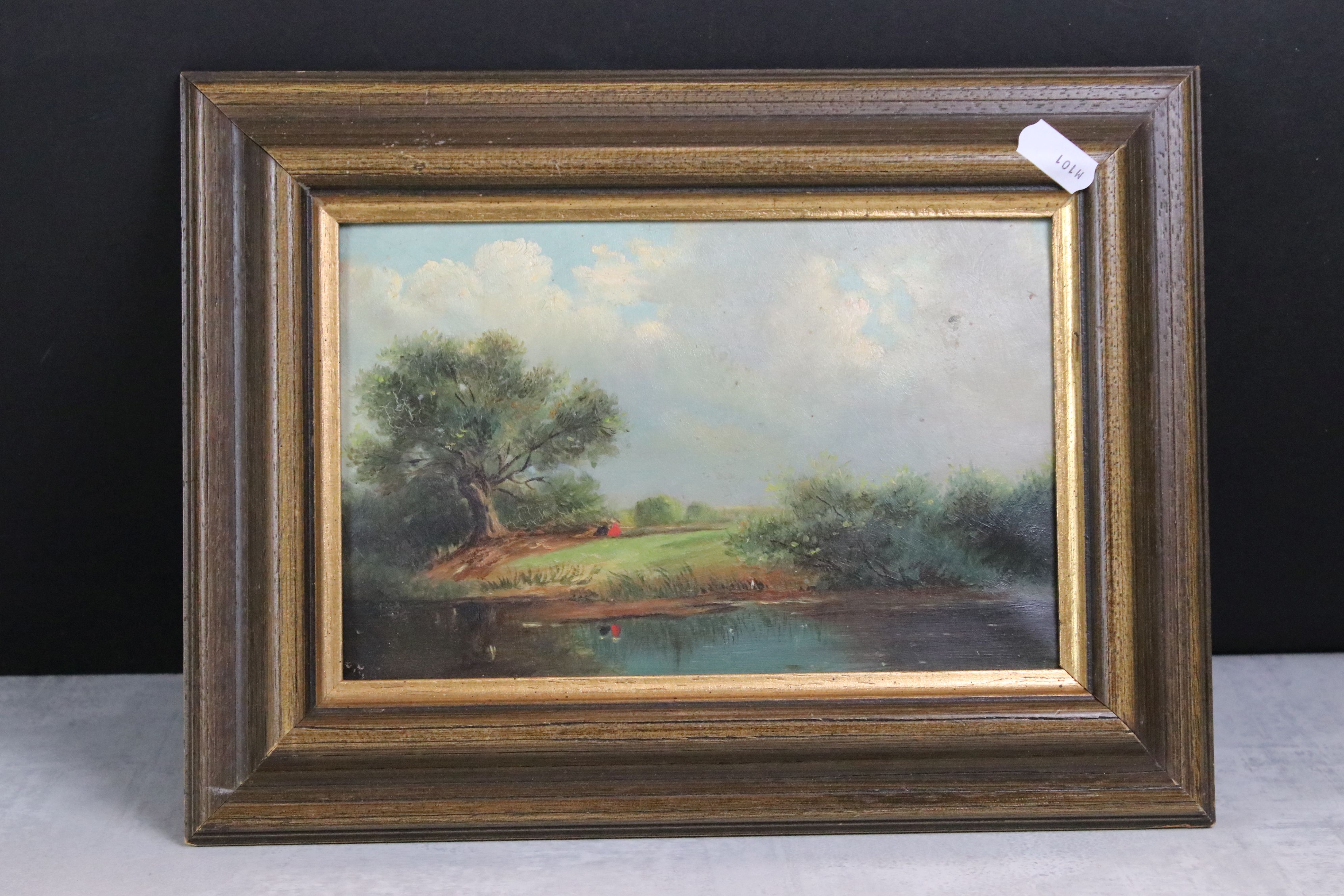 19th century Oil on Board of a Figure with Horses by a Pond, text to verso by J Wilkinson 1855, 19cm - Image 7 of 11