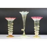 Near Pair of Victorian Yellow Vaseline and Uranium Glass Vases with pink frilled rims and applied