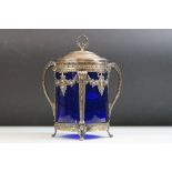 WMF Silver Plated Biscuit Barrel and Cover with blue glass liner, stamped to base, 24cm high