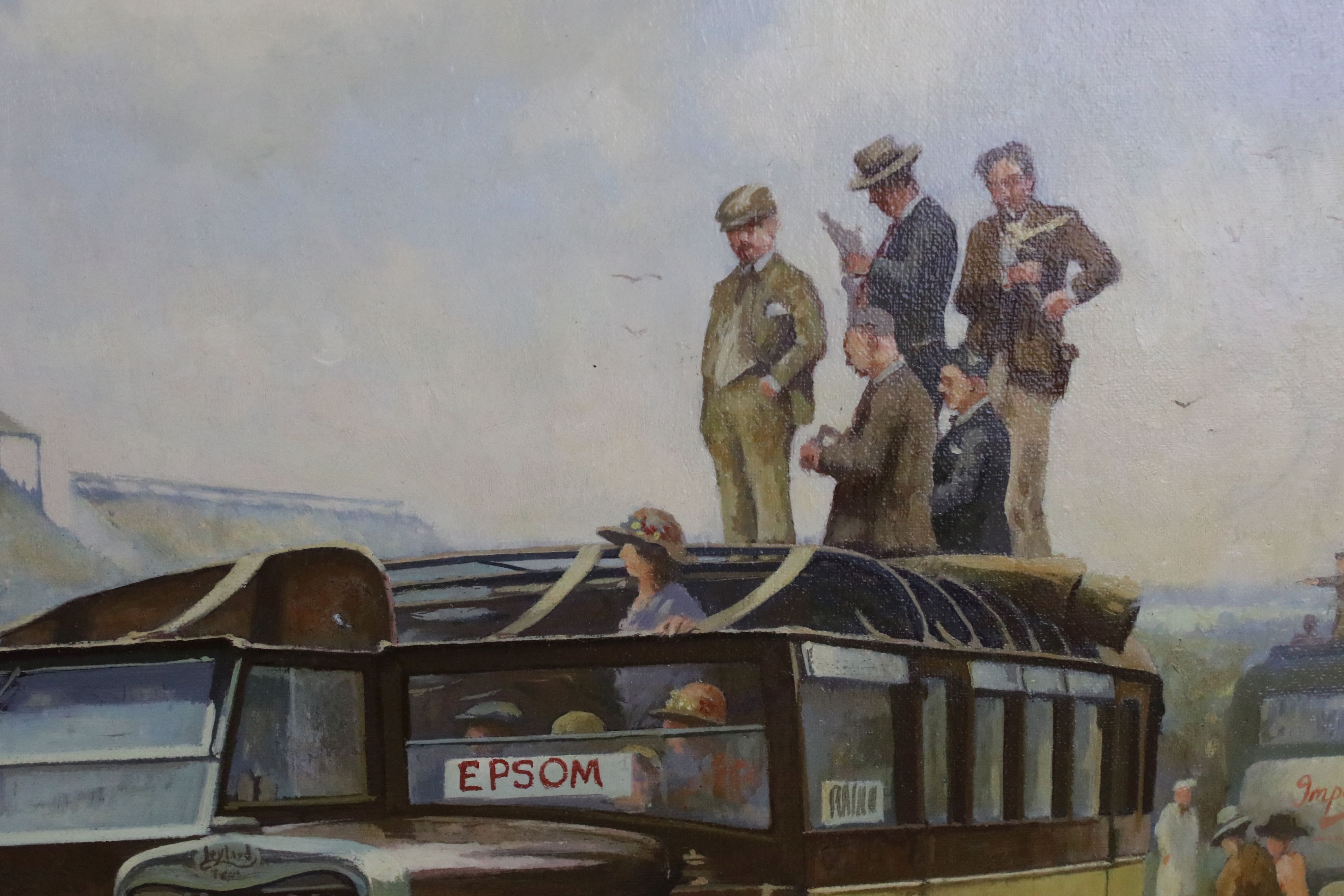 Mike Jeffries (B.1939) Oil Painting on Canvas of Figures and Buses at an Epsom Race Horse Meeting, - Image 3 of 8