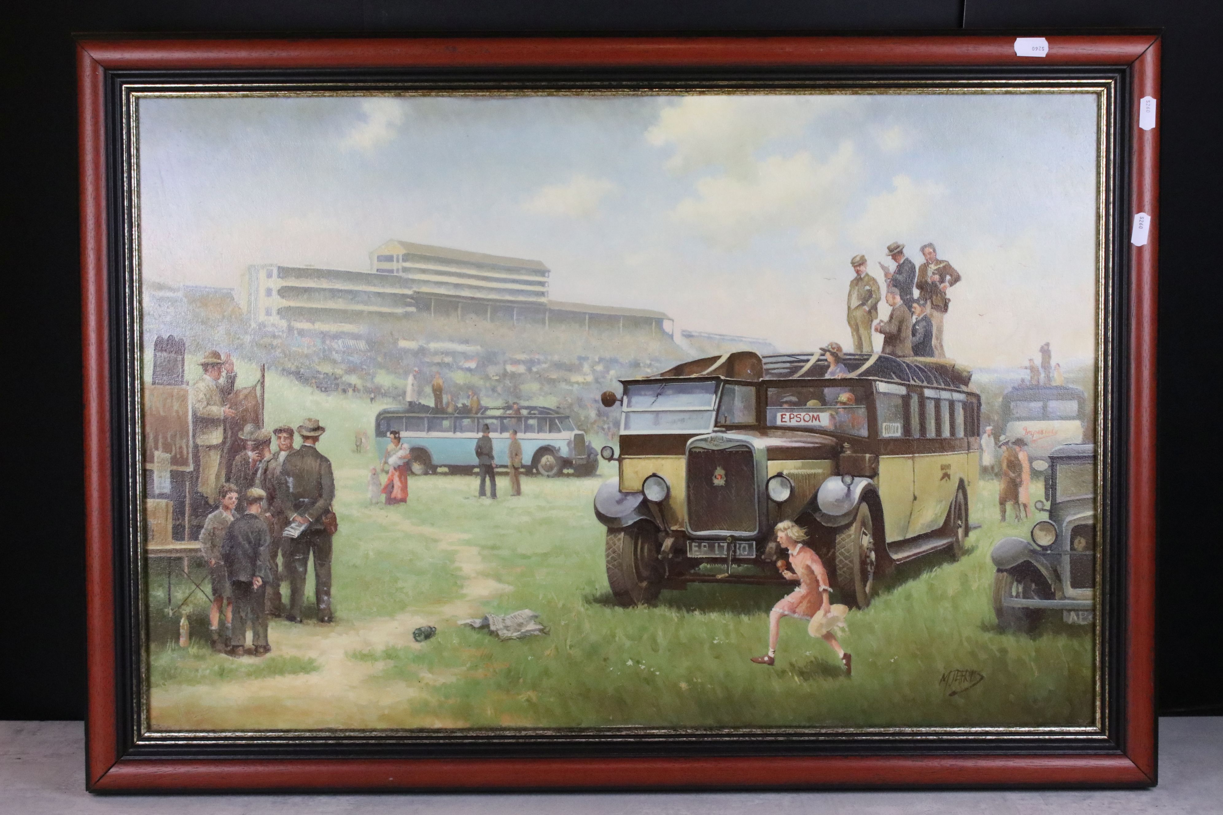 Mike Jeffries (B.1939) Oil Painting on Canvas of Figures and Buses at an Epsom Race Horse Meeting,