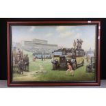 Mike Jeffries (B.1939) Oil Painting on Canvas of Figures and Buses at an Epsom Race Horse Meeting,