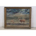 Terry de Niese (Sri Lankan), Oil Painting on Canvas of a Stag and Deer by a River, signed lower left