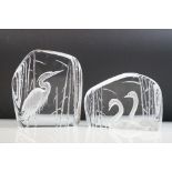 Mats Jonasson, Two Swedish Glass Reverse Moulded Sculptures / Paperweights, one depicting a crane