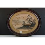 Japanese School, Oval Framed Antique Painting Scene with Sailboats, Dwellings and Mount Fuji in