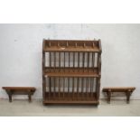 Stained Oak Wall Hanging Double Plate Rack, 60cm wide x 72cm high together with two Small Oak Wall