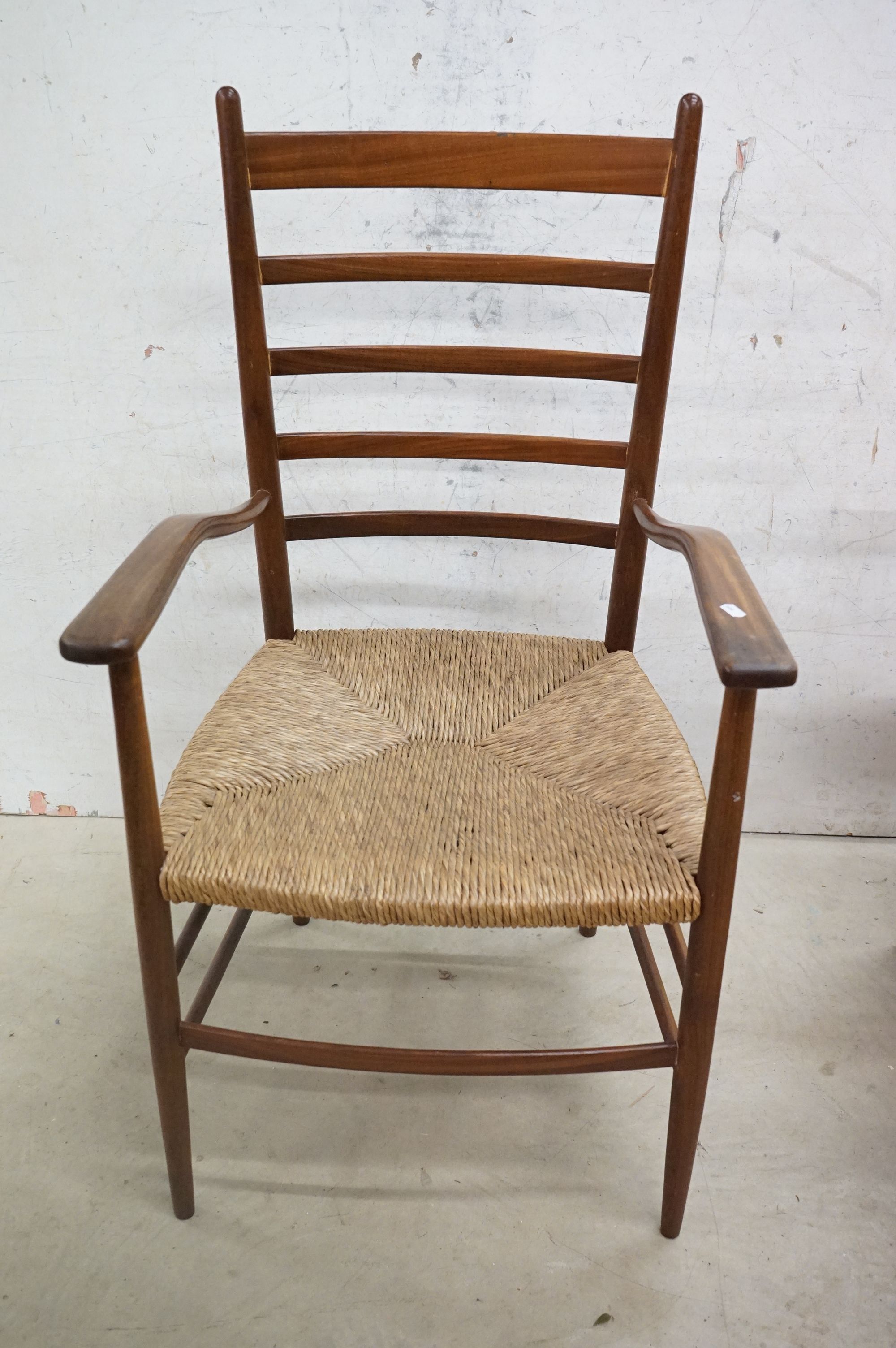 In the manner of Scadart, Pair of Mid century Retro Teak Ladder Back Elbow Chairs with rush seats, - Image 3 of 11