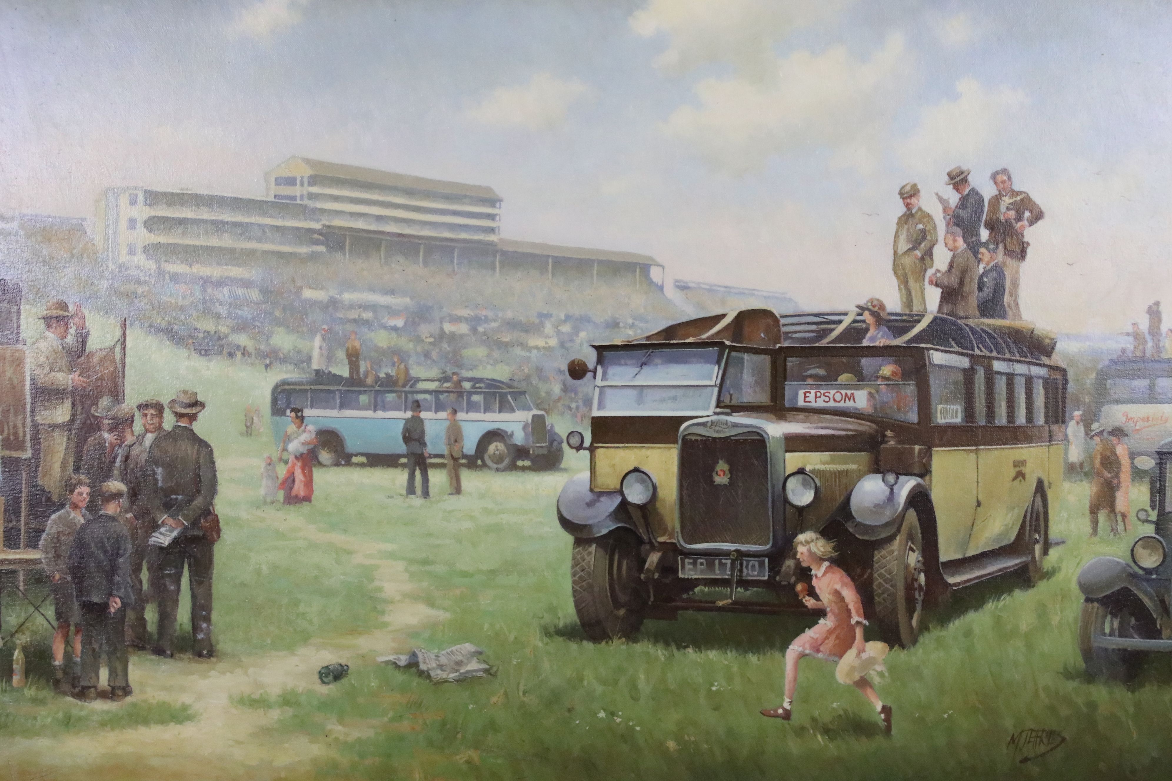 Mike Jeffries (B.1939) Oil Painting on Canvas of Figures and Buses at an Epsom Race Horse Meeting, - Image 2 of 8