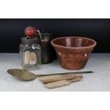 A small group of collectables to include a glass butter churn, terracotta pot, butter paddles...etc.