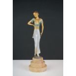 In the manner of Josef Lorenzl, Art Deco Cold Painted Spelter Figure of a Woman stood on a stepped