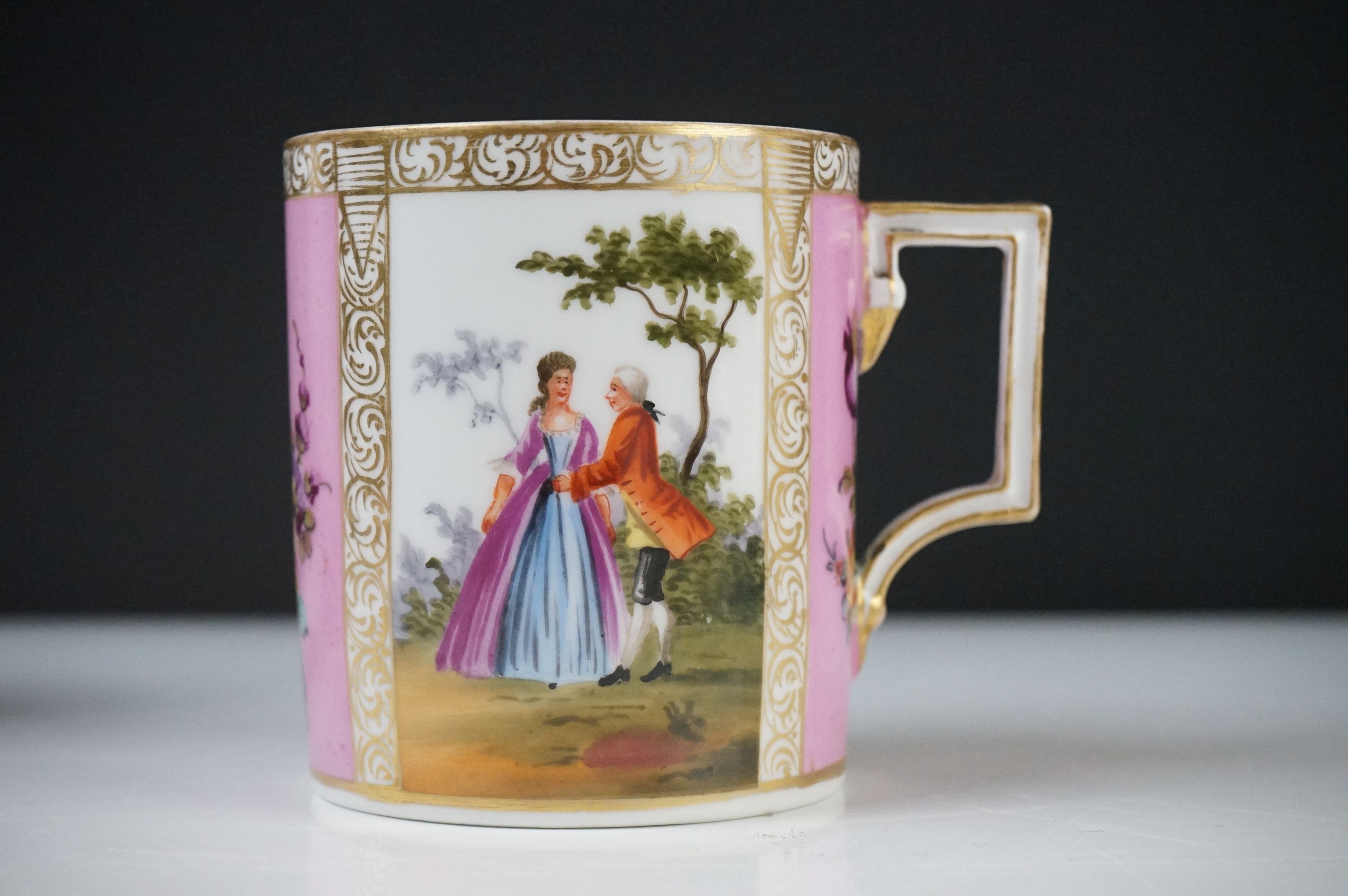 Continental Porcelain ' Augustus Rex ' Large Coffee Can and Saucer decorated with panels of courting - Image 5 of 13