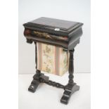 Victorian Black Lacquered Sewing / Work Table with chinoiserie decoration, the hinged lid opening to