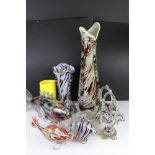 Collection of Murano Coloured Glass including Three Fish Ornaments, Three Baskets and Two Vases (