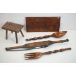 Pair of Ethnic Hardwood Carved Wall Hanging Fork and Spoon, 76cm long together with a Carved