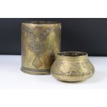 World War I Trench Art Brass Shell with an engraved Arabic design and inlaid with copper and silver,