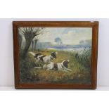 Early 20th century Oil on Board Study of Two Working Dogs in a Riverside Meadow signed with