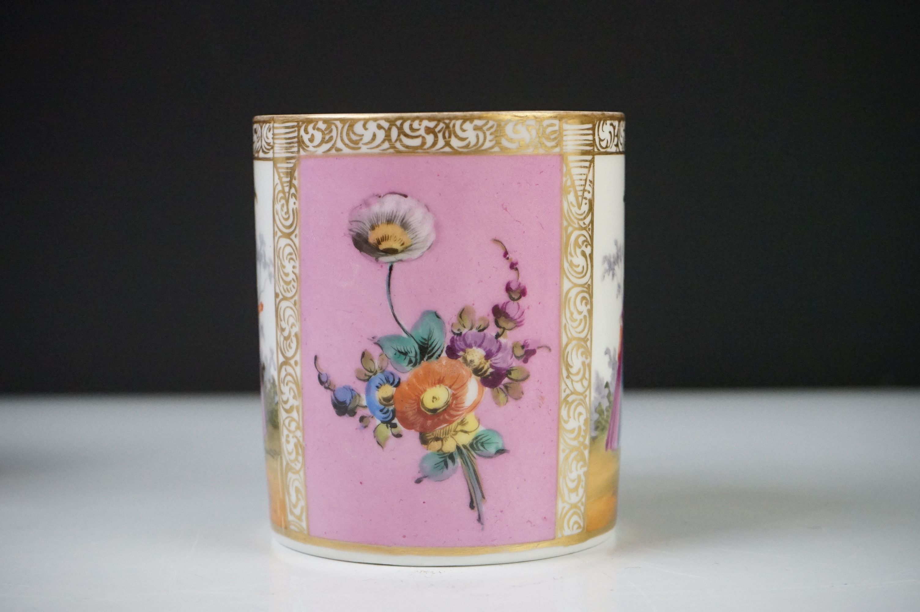 Continental Porcelain ' Augustus Rex ' Large Coffee Can and Saucer decorated with panels of courting - Image 6 of 13