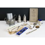 A group of mixed collectables to include a silver plated cruet set, silver and mother of pearl fruit