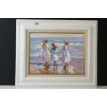 Oil Painting Impressionist Scene with three girls beach paddling