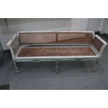 French style Distressed Painted Settee with cane back panel and seat, 170cm long x 71cm high