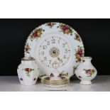 Royal Albert ' Old Country Roses ' including Wall Clock, Lidded Jar, Vase, small Bell and four Pin