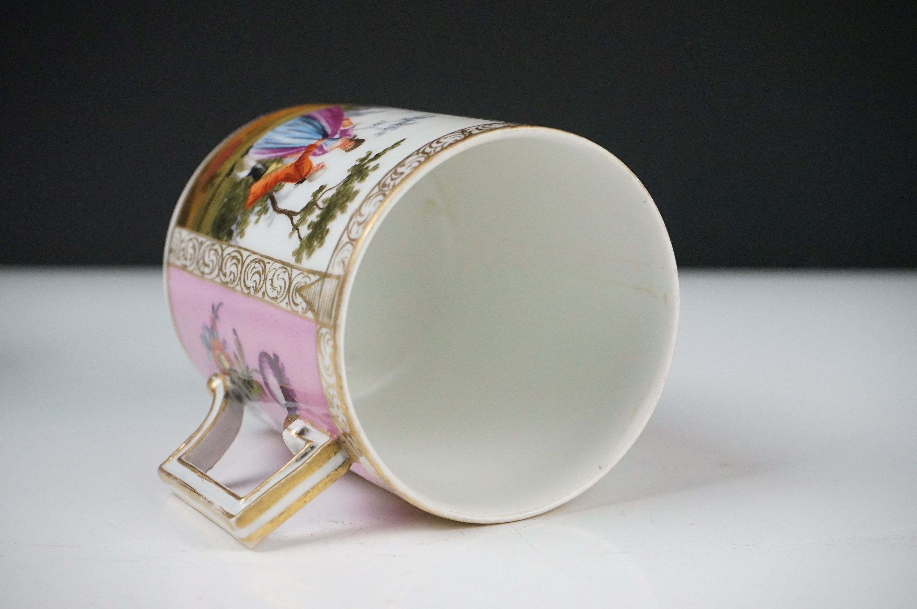 Continental Porcelain ' Augustus Rex ' Large Coffee Can and Saucer decorated with panels of courting - Image 8 of 13