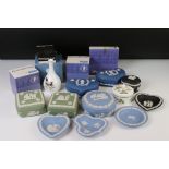 Wedgwood - Twelve items of Jasperware including blue, green and black being trinket boxes and pin